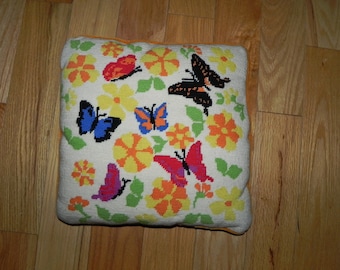 Needlepoint Butterfly Throw Pillow 14"x14"- Retro - Collectible