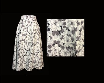 Vintage Skirt, 1950's, Full Skirt, Floral Print, Gray and White, Calf Length, Small