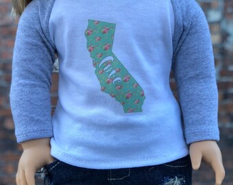 Doll Clothes | Trendy California Love Floral Graphic Long Sleeve Fitted BASEBALL TEE for 18 Inch Dolls
