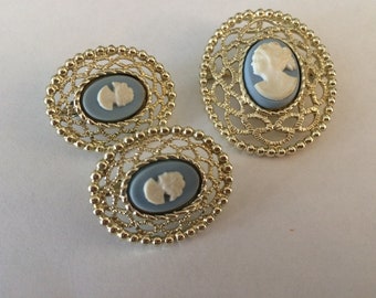 Sarah Coventry Lace Cameo Brooch and Clip on Earrings Set