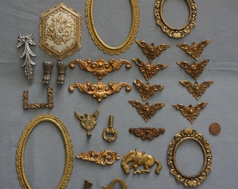 Antique Decorative Lot of 25 Brass Pieces Hardware Furniture Clocks