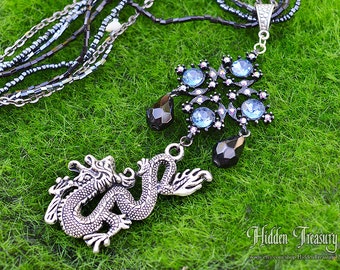 Oriental Dragon Necklace- handmade black and blue dragon pendant jewelry charm