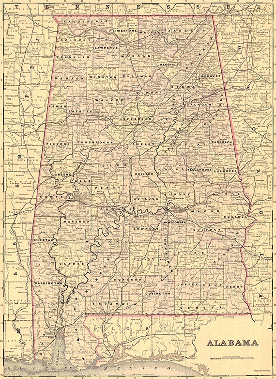 Alabama map 19th century scanned version of an old original