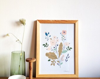 Botanical wall art print, floral art print, flowers print, botanical Illustration, flowers poster wall decor - size A4