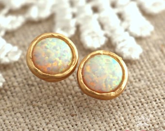 White Opal Earrings, Opal stud earrings, White Opal earrings, Gold Opal earrings,Gift for woman, October birthstone, Dainty Opal earrings.