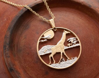 Giraffe Pendant and Necklace, Sierra Leone Giraffe Coin Hand Coin, 14 Karat Gold and Rhodium Plated,1 1/4" in Diameter, ( # 920 )