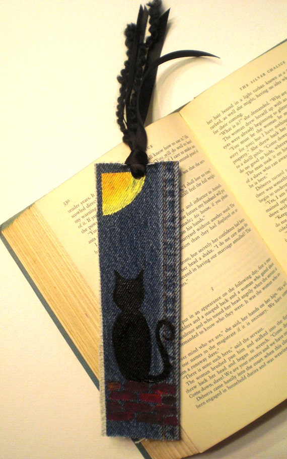 Black Cat Bookmark Upcycled Denim Bookmark Hand-painted Cat