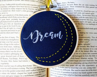 Hand Embroidered 4 inch "Dream" - White script with yellow moon outline