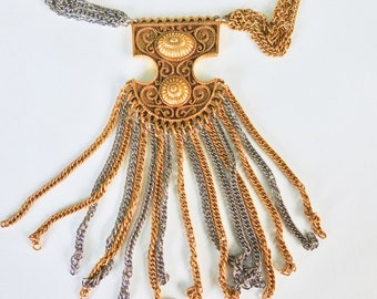 Gold and Silver Tone Vintage Etruscan Revival Multi Chain Tassel Necklace