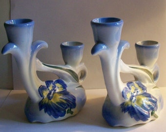 Vintage Camark Pottery Blue Iris Candle Holders Vtg American Pottery Candleholders