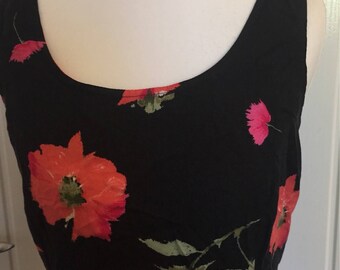 Vintage 1990's black floral dress scoop neck size Small