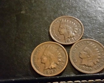 1900, 1901, 1902 Indian head pennies #N722RF old US coins