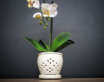 Hilo 2018 Edition (LARGE 7.0") Handmade Ceramic Orchid Pot With Attached Saucer, Glazed Pottery, Glazed Pottery, Orchid Planter