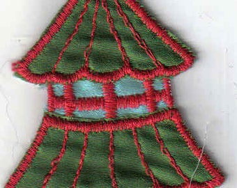 Green and Blue Tower Pagoda Shiny 1970's New Vintage Patch Applique