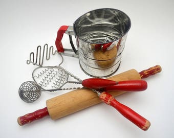Vintage Lot of Red Handled Kitchen Utensils, Chippy Red Paint, Pump Action Beater, Sifter, Rolling Pin, Masher, Whisk, circa 1940s-1950s