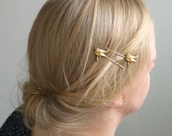 SECONDS SALE / Brass Bird Hair Clip Set / Nature Bird Hair Pin, Woodland Hair Clip, Hair Slide Clip, Bird Hair Accessory / Gift For Women