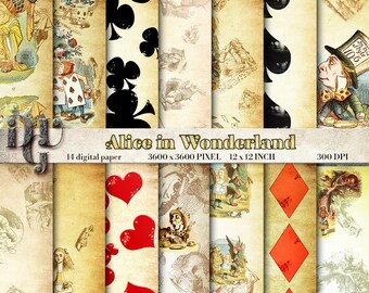 Alice in Wonderland digital paper pack vintage illustration digital scrapbook papers Mad Hatter Rabbit Hole Cheshire Cat digital background