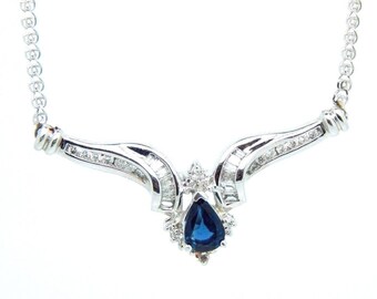 Art Deco Style 14K White Gold 1.23 ct Pear Shaped Sapphire and Diamond Necklace