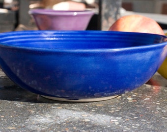 Pasta bowl, shallow salad bowl, Glossy Blue, Stoneware, Hand Painted, Ready To Ship