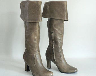 Women 6.5 Chunky High Heel Tall Leather Boots