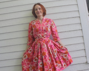 Vintage 60s Floral Silk Dress Pink Print XS S Montgomery Ward