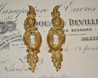 Vintage Pair French Brass Keyholes Vertical Escutcheons Hardware