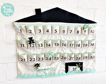 Customizable fabric calendar: adorable House with 31 boxes for use all year round or advent calendar. Party supplies