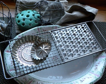 Antique FRENCH Bakery Perforated Pierced Long 12 1/2" Handled Wire/w Zinc Appetizer Trivet, Photogenic Props, No Rust or Old Grease