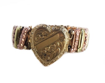 Vintage Expansion Bracelet - WWII Era 1940s 12k Gold Filled Geart Locket - Sweetheart Bellavance Jewelry