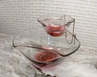 Vintage Indiana glass chip and dip set, ruby red chip and dip set, midcentury chip and dip, mid century dip set