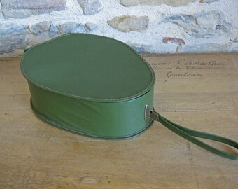 Green French train case pear shaped vinyl vanity case