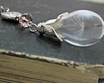 Dandelion Necklace, Wish Necklace, Nature Necklace, Dandelion Seed Necklace, Dandelion Pendant, Glass Vial Necklace, Glass Teardrop Necklace