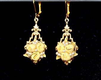 Upcycled Vintage Earring Assemblage, Gold Pierced French Hook Shell Flowers Lemon Yellow Beach Pearl Art Deco Boutique, Jennifer Jones, OOAK