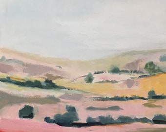 ORIGINAL landscape painting pink and yellow desert landscape 20x20 square landscape contemporary art blush pink pamela munger