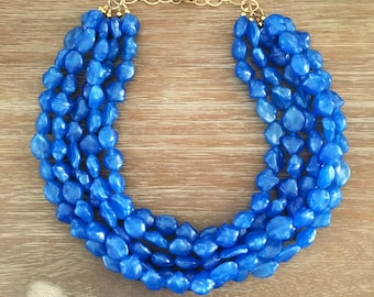 Blue Bead Necklace - Chunky Beaded Statement Necklace MultiStrand Blue