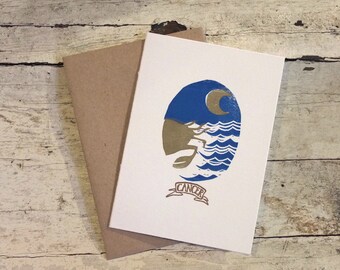 Cancer the Crab zodiac letterpress linocut card