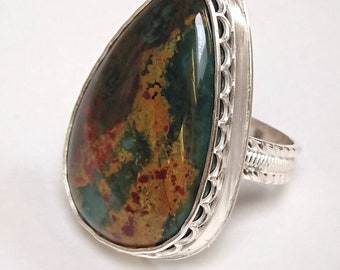 Sterling silver handmade chunky statement bloodstone ring, hallmarked in Edinburgh