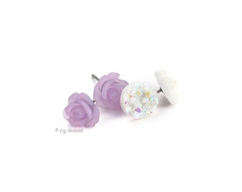 Faux Druzy and Rose Stud Earrings, 2 Pair Set, 10mm Glitter White Faux Druzy, 10mm Frosty Lavender Resin Rose Earrings - Snow Day Collection