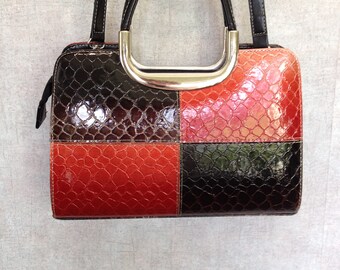 Vani Faux Alligator handbag, Patent leather finish, Two tone ridget sided purse with handles and a removable shoulder strap