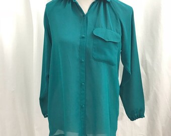 Vintage 70s Lady Manhattan Teal Chiffon Blouse M 8