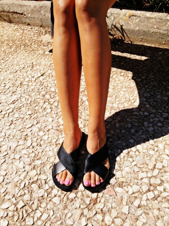 Black Sandals. Greek Sandals: Leather & Black Pony Skin.