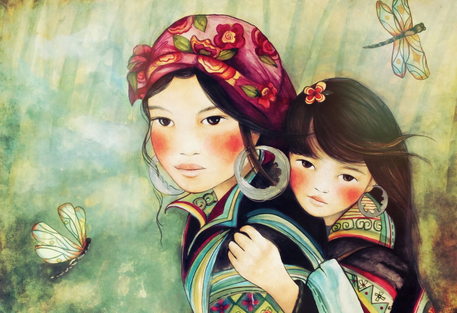 Mother and daughter hmong people art print
