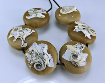 Etched Lampwork Beads Etched Tan Silvered Ivory Organic Lampwork Glass Bead Set SRA