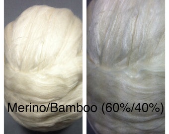 Merino Bamboo Roving Undyed / Merino Bamboo 60/40 / Ecru Merino Bamboo Spinning / 2oz 4oz 8oz