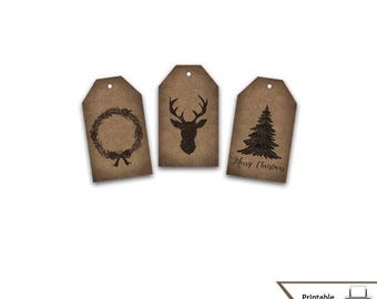 Christmas Gift Tags, Holiday, Printable, Kraft Paper, Vintage Style, Deer, Christmas Tree, Wreath, Rustic, Instant Download, Country