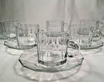 Set of six vintage (6) Bormioli Rocco Demitasse Cup and Saucer Sets in "Oxford"~~~70's Italian tempered glass~~optic style panels