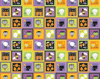 Riley Blake Ghouls and Goodies glow in the dark patchwork border print halloween fabric by the yard, glow in the dark halloween fabric