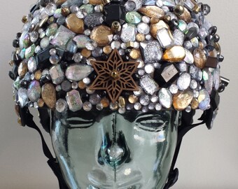 Protector of the Helm-- Sacred Star, Hematite, Rhinestone Bejeweled Skate/Bike, Inline Skate Helmet; Burning Man headpiece, headgear