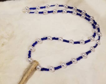 Blue and white antler tine necklace