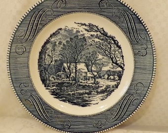 Vintage Currier & Ives The Old Grist Mill Blue Collector Plates
